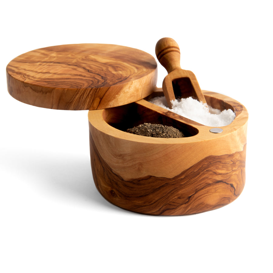Olive Wood Double Salt and Pepper Keeper handcrafted from Mediterranean olive wood – Medolivewood