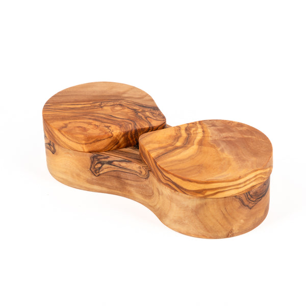 Olive Wood Double Spice Box handcrafted from Mediterranean olive wood – Medolivewood. Artisan spice and sea salt storage container.