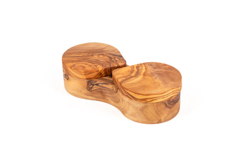 Olive Wood Double Spice Box handcrafted from Mediterranean olive wood – Medolivewood. Artisan spice and sea salt storage container.