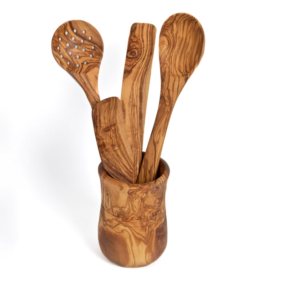 Olive Wood Round Utensil Holder handcrafted from a single piece of Mediterranean olive wood – Medolivewood
