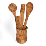 Olive Wood Round Utensil Holder handcrafted from a single piece of Mediterranean olive wood – Medolivewood