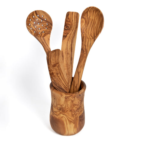 Olive Wood Round Utensil Holder handcrafted from a single piece of Mediterranean olive wood – Medolivewood