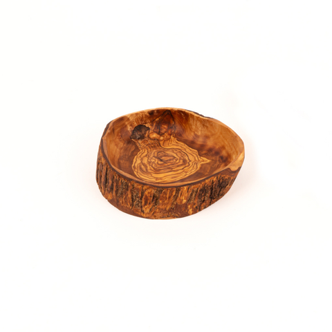 Olive Wood Rustic Snack Bowl with natural bark edge handcrafted from Tunisian Mediterranean olive wood – Medolivewood