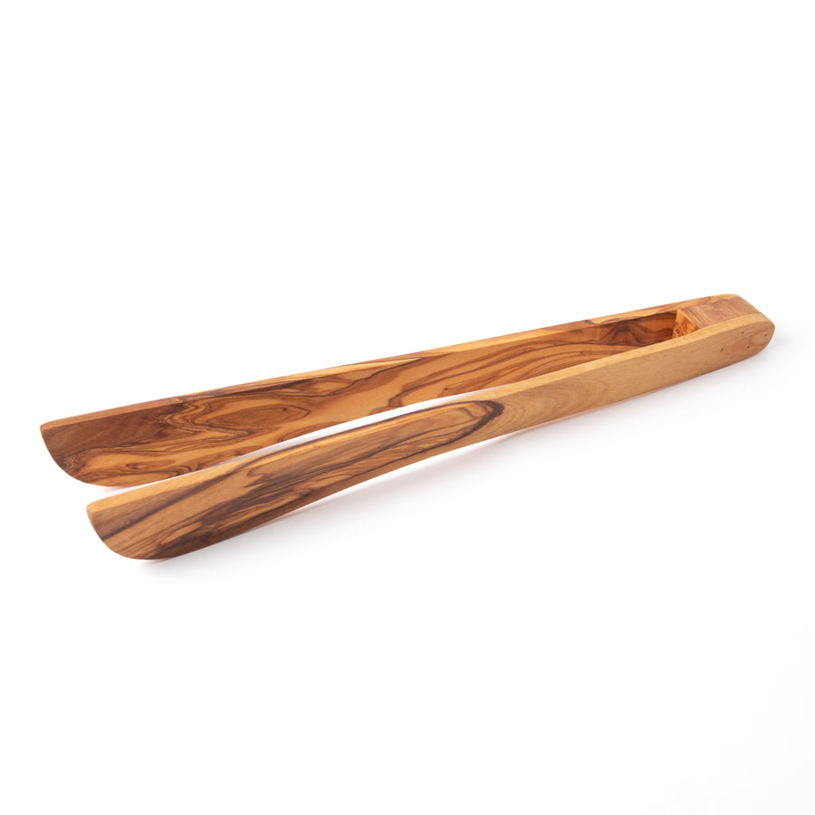 Olive Wood Tongs handcrafted from Mediterranean olive wood – Medolivewood. Artisan serving utensil for salads, bread, and appetizers.