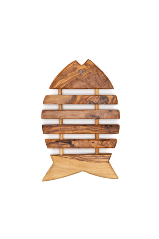 Olivewood Fish Trivet handcrafted from Mediterranean olive wood – Medolivewood. Artisan fish-shaped table protector and kitchen accessory.