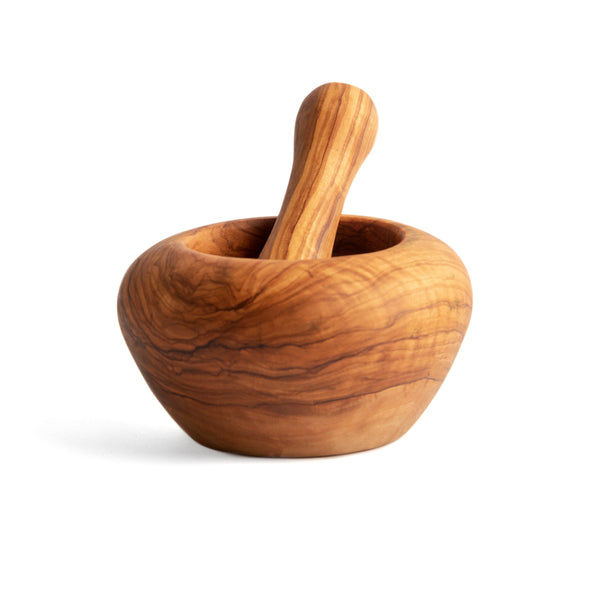 Small Olive Wood Mortar & Pestle handcrafted from Mediterranean olive wood – Medolivewood. Artisan grinder for herbs and spices.